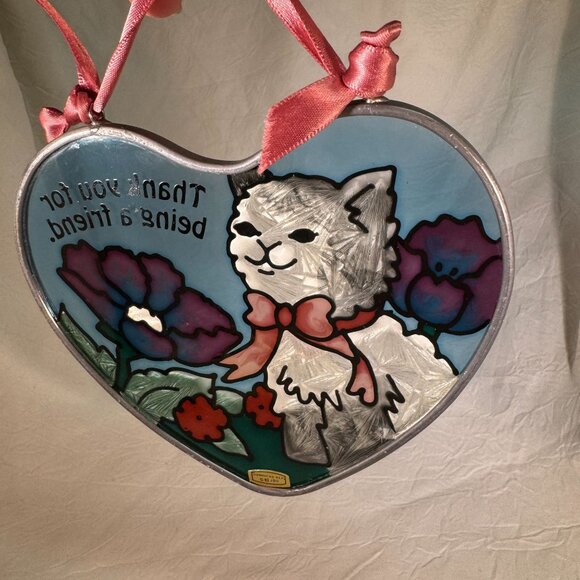 Joan Baker Designs Handpainted Stained Glass/Sun Catcher Gray Cat w/ Flowers - Picture 4 of 6